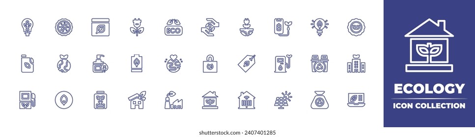 Ecology line icon collection. Editable stroke. Vector illustration. Containing eco, energy, solar panel, eco friendly, world, factory, eco electric, fuel, box, battery, green energy, house.