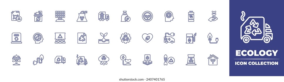 Ecology line icon collection. Editable stroke. Vector illustration. Containing paper, world environment day, solar panel, plug, recycle, recycling, paper bin, windmill, garbage, settings, bioenergy.