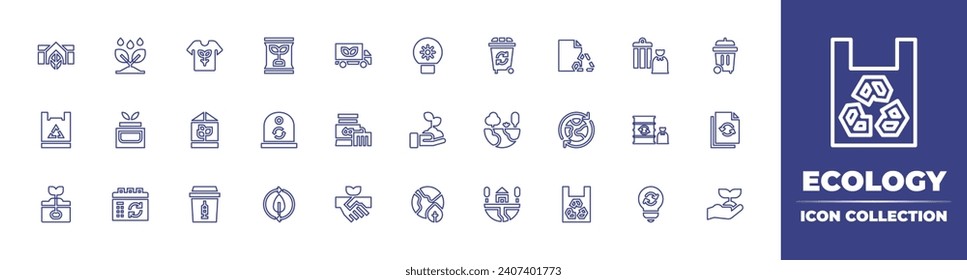 Ecology line icon collection. Editable stroke. Vector illustration. Containing ecological, glass container, paper, save the planet, earth, bag, recycling, recycle, truck, garbage, trash bin, innovate.