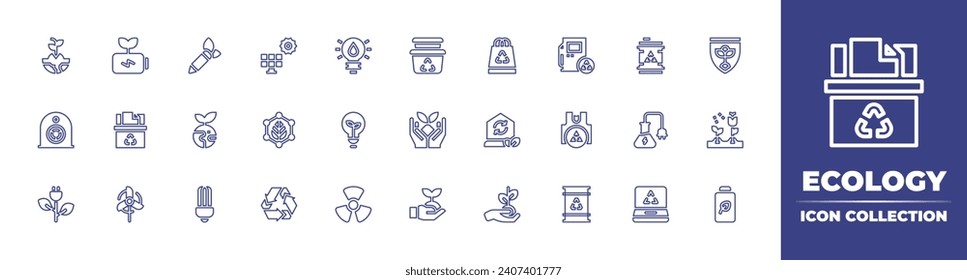 Ecology line icon collection. Editable stroke. Vector illustration. Containing battery, recycling, pencil, windmill, earth, lamp, sprout, recycling bin, electric plug, food container, growth, fuel.