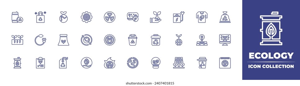 Ecology line icon collection. Editable stroke. Vector illustration. Containing bag, green power, world, planning, power plant, recycling, geothermal energy, barrel, sponge, recycle, earth hour.