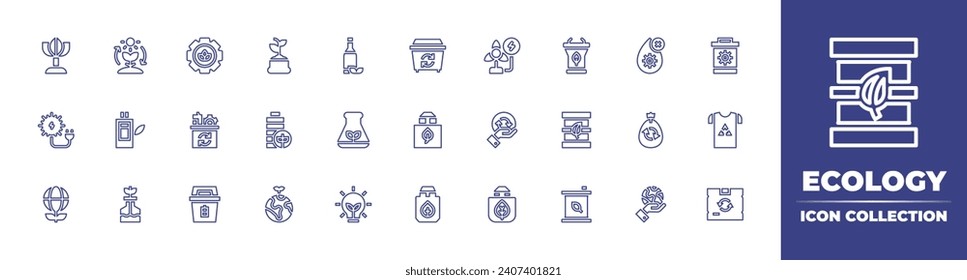 Ecology line icon collection. Editable stroke. Vector illustration. Containing reusable, gasoline, recycling, planet earth, bottle, trash, flask, paper bag, renewable energy, bag, plant, biofuel.