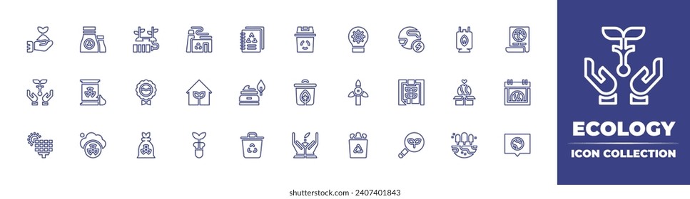 Ecology line icon collection. Editable stroke. Vector illustration. Containing recycle, recycle bin, cosmetics, bin, growth, lightbulb, earth, turbine, clipboard, recycling container, magnifying glass