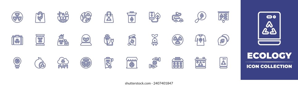 Colección de iconos de línea de ecología. Trazo editable. Ilustración vectorial. Consta de reciclaje, basura, biocombustible, papelera, papelera de reciclaje, tienda, carga, auto eléctrico, enchufe, energía nuclear, medio ambiente, panel solar.