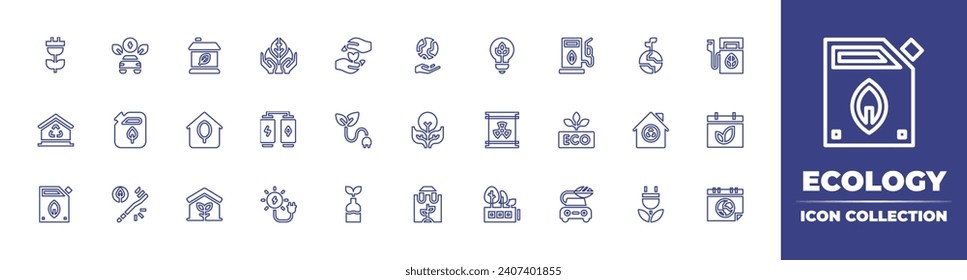 Ecology line icon collection. Editable stroke. Vector illustration. Containing growth, renewable energy, plant, eco, house, eco fuel, eco friendly, energy, solar energy, eco car, planet earth.