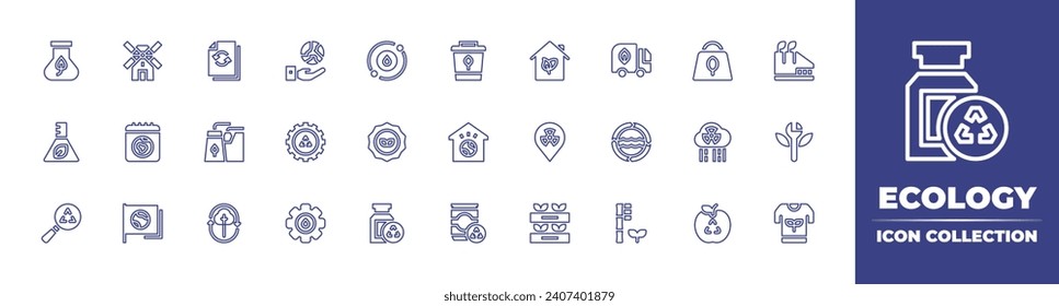 Ecology line icon collection. Editable stroke. Vector illustration. Containing water cycle, badge, biomedical waste, green house, location, sprout, trash bin, house, planet earth, recycled paper. 