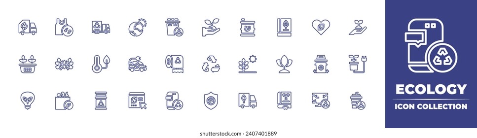 Ecology line icon collection. Editable stroke. Vector illustration. Containing recycle bin, sprout, tissue paper, recycle, recycling, earth, biofuel, book, photosynthesis, truck, love, energy, rubbish