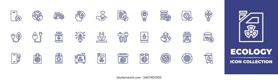 Ecology line icon collection. Editable stroke. Vector illustration. Containing recycling truck, hydrogen, recycling, planet earth, green energy, bio energy, smartphone, shopping bag, beewax paper.