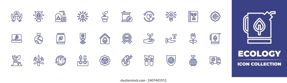 Colección de iconos de línea de ecología. Trazo editable. Ilustración vectorial. Conteniendo bombilla, salvar el planeta, reciclar, energía eólica, compost, reciclar, laptop, fábrica verde, desperdicio, recompensa, bomba, libro.