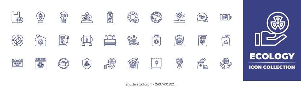 Sammlung von Symbolen für ökologische Linie. Bearbeitbarer Strich. Vektorgrafik. Glühbirne, Brennstoffstation, Recycling, Glühbirne, erneuerbare Energie, Haus, Batterie, Erdtag, Reifen, Erdstunde, Elektroauto.