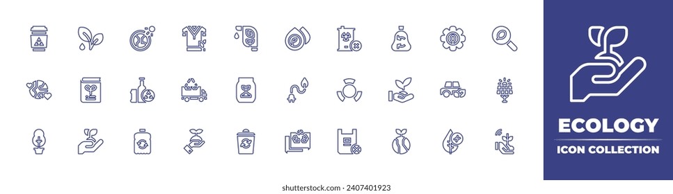 Ecology line icon collection. Editable stroke. Vector illustration. Containing solar panel, car, plastic bag, recycling, biofuel, fertilizer, recycling bin, recyclable, planet, search, settings.