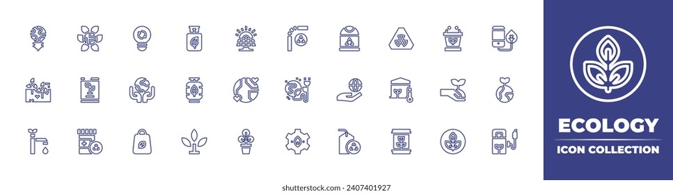 Colección de iconos de línea de ecología. Trazo editable. Ilustración vectorial. Con luz, tierra, bolsa de compra, bombilla, molino de viento, biocombustible, grifo, reciclado, reciclar, reciclar, reciclar, energía verde, engranajes.