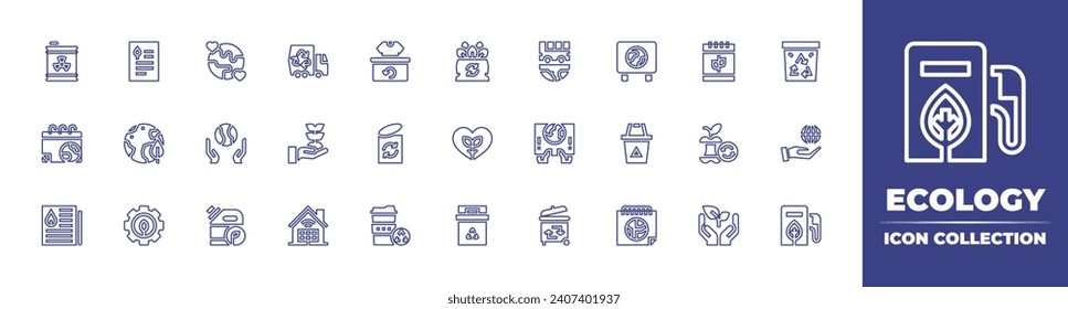 Ecology line icon collection. Editable stroke. Vector illustration. Containing recycle, organic, can, heart, reusable, bin, bus, banner, earth, plant, world, food waste, biofuel, gas station.