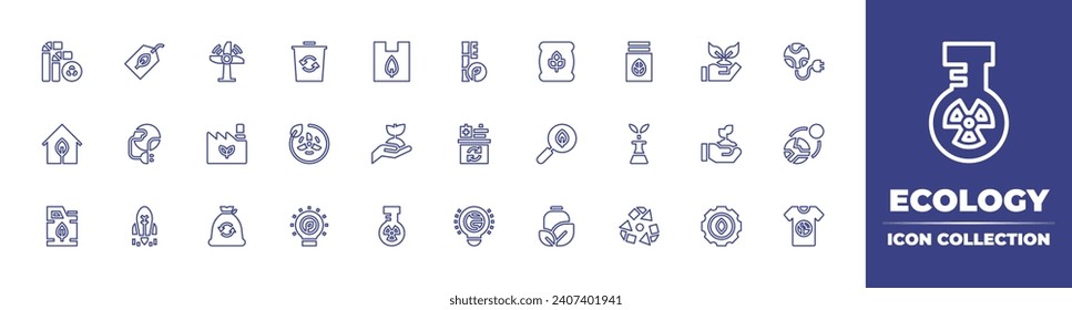 Ecology line icon collection. Editable stroke. Vector illustration. Containing label, world, windmill, start up, green factory, recycling, green house, gasoline, toothbrush, batteries, light bulb.