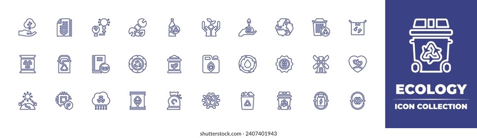 Colección de iconos de línea de ecología. Trazo editable. Ilustración vectorial. Conteniendo botella de vidrio, planta, compost, energía verde, basura, mundo, brote, reciclar, energía solar, contenedor de reciclaje, reciclar.