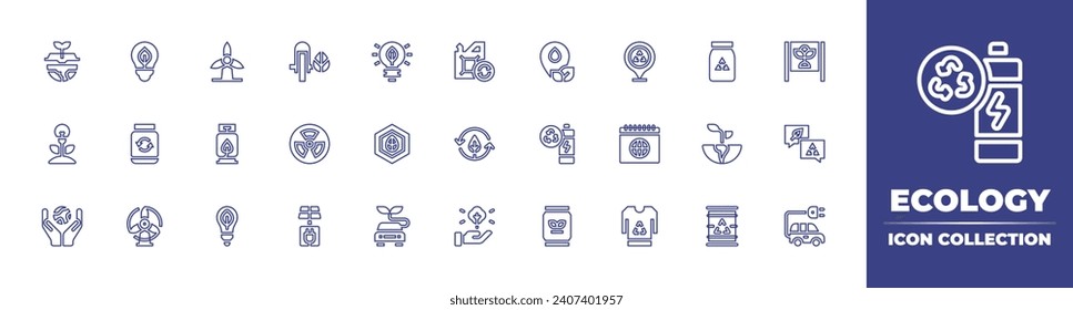 Ecology line icon collection. Editable stroke. Vector illustration. Containing renewable energy, recycling, windmill, hydrogen, light, book, bio energy, earth, reusable, tree, glass, grow up, recycle.