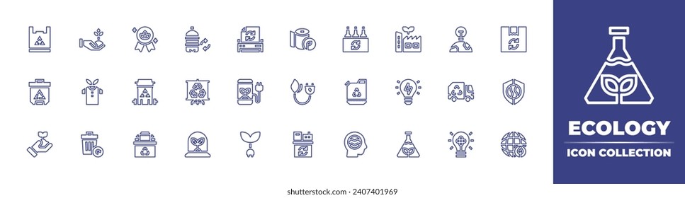 Ecology line icon collection. Editable stroke. Vector illustration. Containing mind, sustainable, recycling, recycled paper, smartphone, plug, recyclable, trash bin, planting, toilet paper.