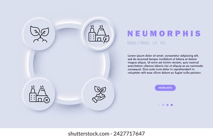 Ecology line icon. Eco-friendly manufacturing, green production, plant, sprout, ecology, renewable energy utilization,. Neomorphism style. Vector line icon for business and advertising