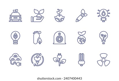 Ecology line icon set. Editable stroke. Vector illustration. Containing plant, carbon footprint, recycle, eco car, bulb, electric car, pencil, earth, lamp, sprout, recycling bin, electric plug, light.