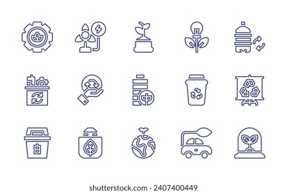 Conjunto de iconos de línea de ecología. Trazo editable. Ilustración vectorial. Con reutilizable, reciclable, planeta tierra, biodegradable, equipo, presentación, metal, energía eólica, energía verde, basura, crecimiento, brote.