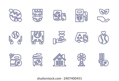 Conjunto de iconos de línea de ecología. Trazo editable. Ilustración vectorial. Con gasolinera, bus, naturaleza, tierra, mundo, bombilla, biocombustible, activismo, reciclaje, basurero, molinos de viento, camioneta, crecimiento, panel solar