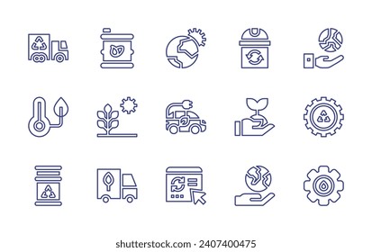 Conjunto de iconos de línea de ecología. Trazo editable. Ilustración vectorial. Con reciclado, planta, tierra, biocombustible, fotosíntesis, camión, planeta tierra, rueda cognitiva, termómetro, caída de agua, energía renovable, sol.