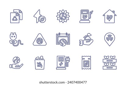 Ecology line icon set. Editable stroke. Vector illustration. Containing energy, green house, biofuels, global warming, location, crops, recycling container, sprout, seeds, recyclable, plug, world.