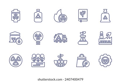 Ecology line icon set. Editable stroke. Vector illustration. Containing recycle bottle, nuclear, forest, garbage bag, factory, cogwheel, recycling truck, plant, battery, humidity, nuclear energy, lab.