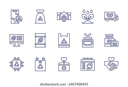Conjunto de iconos de línea de ecología. Trazo editable. Ilustración vectorial. Contienen reciclaje, biocombustible, recuperación, camión, planta, apretón de manos, casa, bolsa de reciclaje, semilla, smartphone roto, granja inteligente, cpu, cosméticos.