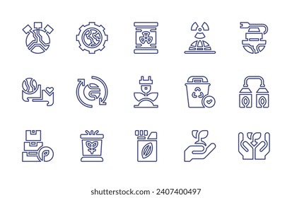 Ecology line icon set. Editable stroke. Vector illustration. Containing save the planet, electric car, nuclear, earth day, dialog, tupperware, recycle, biogas, recycling, podium, reforestation, barrel