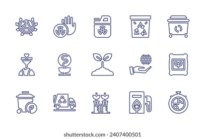 Ecology line icon set. Editable stroke. Vector illustration. Containing stop, earth day, recycle, filter, fertilizer, world, trash, timer, gas station, earth, recycling truck, radioactive, sprout.