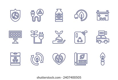 Ecology line icon set. Editable stroke. Vector illustration. Containing organic, bioenergy, clean energy, battery, electric car, leaf, bottle, sprout, earth day, shield, solar panel, chemical, energy.