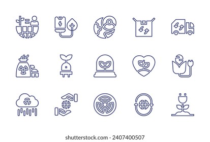 Ecology line icon set. Editable stroke. Vector illustration. Containing charge, plug, environment, balance, recycling truck, recycling, nuclear plant, bio mass, love, acid rain, clean energy, earth.