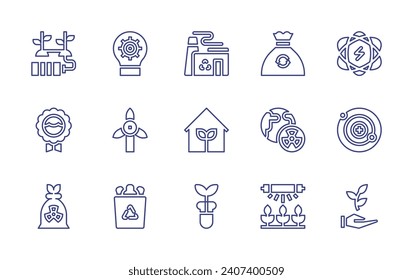 Ecology line icon set. Editable stroke. Vector illustration. Containing lightbulb, nuclear energy, garbage bag, turbine, neutron, nuclear, recycling container, plant, battery, world oceans day.