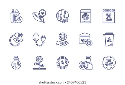 Ecology line icon set. Editable stroke. Vector illustration. Containing organic, green energy, earth, leaf, water energy, natural, planet earth, renewable energy, fertilizer, recycle bin, settings.