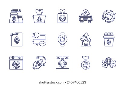 Ecology line icon set. Editable stroke. Vector illustration. Containing clothing, green energy, corn, recycle, compost, world oceans day, socket, circular arrows, boarding, nuclear power, fuel.