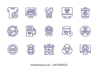 Ecology line icon set. Editable stroke. Vector illustration. Containing recycling, earth cycles, bio, screen, gas pump, world, wire, badge, reusable, pc, recycling bin, radiation, nuclear, greenhouse.