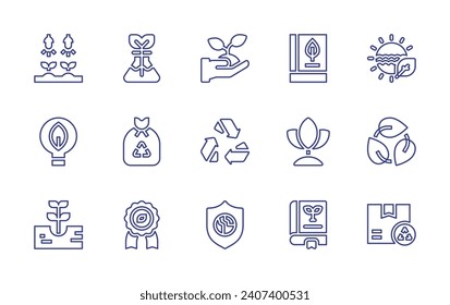 Ecology line icon set. Editable stroke. Vector illustration. Containing hothouse, innovation, plant a tree, science, recyclable, medal, sprout, recycle, earth, book, natural resources, biodegradable.