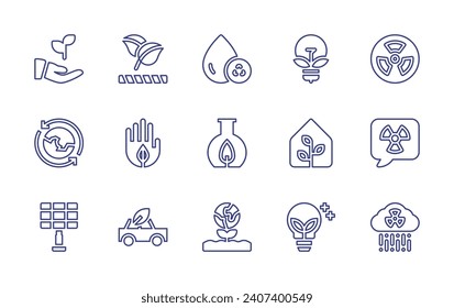 Ecology line icon set. Editable stroke. Vector illustration. Containing natural product, eco car, ecological, ecology, eco friendly, bioenergy, greenhouse, green innovation, recycling, flask.