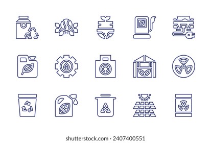 Symbol für Ökologie-Linie gesetzt. Bearbeitbarer Strich. Vektorgrafik. Mit Preis, Öko, umweltfreundliche Energie, Recycling, Kraftstoff, Recycling-bin, Treibhausgas, Solarpanel, Handy, Recycling-Tasche, Müll, Elektroauto.