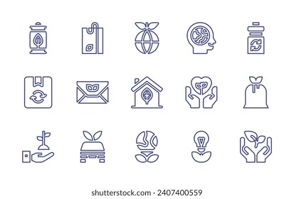 Ecology line icon set. Editable stroke. Vector illustration. Containing green earth, house, eco bulb, eco packaging, eco car, responsability, plant, green energy, can, box, sprout, bottle, garbage bag