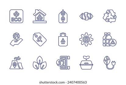 Conjunto de iconos de línea de ecología. Trazo editable. Ilustración vectorial. Consta de eco-friendly, ecología, eco-factoría, eco-house, eco-tag, reciclados, visión, renovable, equipo, acuerdo, contenedor de alimentos, reciclar.