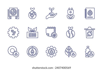 Conjunto de iconos de línea de ecología. Trazo editable. Ilustración vectorial. Con planta, tela ecológica, sistema de agua, ecología, ecológica, respetuosa con el medio ambiente, energía verde, tierra, reciclado, pancarta, orgánico, portátil