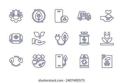 Ecology line icon set. Editable stroke. Vector illustration. Containing eco, leaves, forest, ecological, ecology, recycling truck, hydrogen, recycling, green energy, smartphone, leaf, plug, radiactive