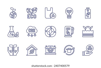 Conjunto de iconos de línea de ecología. Trazo editable. Ilustración vectorial. Con eco, coemisión, eco-casa, ecología, ecología, bombilla, estación de combustible, reciclado, energía renovable, batería, brotes, nuclear.