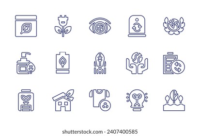 Ecology line icon set. Editable stroke. Vector illustration. Containing box, eco, eco battery, green energy, eco house, glass container, earth, light bulb, eye, responsible, recycling, laurel.