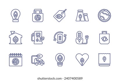 Ecology line icon set. Editable stroke. Vector illustration. Containing eco tag, recycled, eco bulb, bag, fuel, eco car, factory, natural, leaf, light bulb, house, earth day, earth hour.