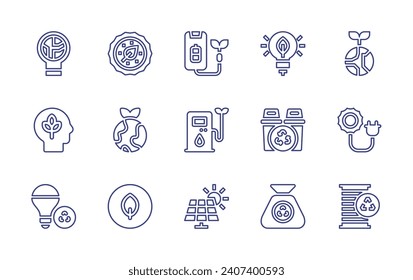 Ecology line icon set. Editable stroke. Vector illustration. Containing eco, energy, solar panel, ecological, ecology, idea, recycled, recycling, earth, head, organic, metal, solar energy.