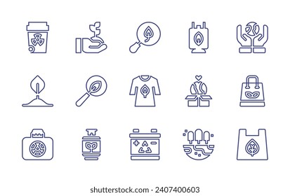 Symbol für Ökologie-Linie gesetzt. Bearbeitbarer Strich. Vektorgrafik. Mit Anlagen, Forschung, Gasflasche, Planet, Einkaufstasche, wiederverwertbar, Suche, T-Shirt, Recycling, Atommacht, Keim, Bio, Spende, Erde.
