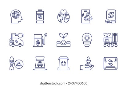 Ecology line icon set. Editable stroke. Vector illustration. Containing battery, biodiesel, nuclear energy, mobile phone, factory, reusable, love, plant, no, recycling, electric car, waste, smartphone